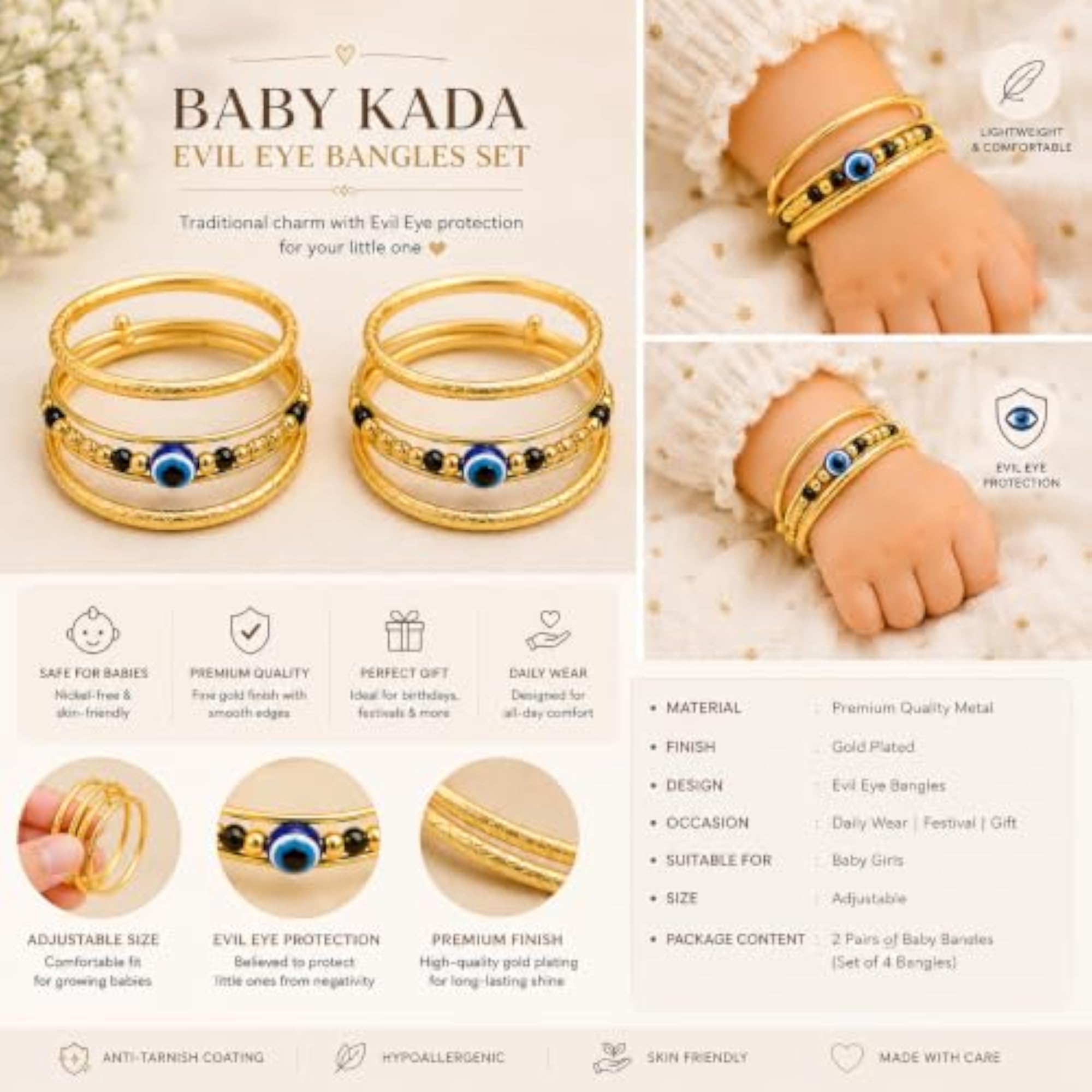 Gold-Plated Baby Bangles Set with Evil Eye & Black Beads, Adjustable